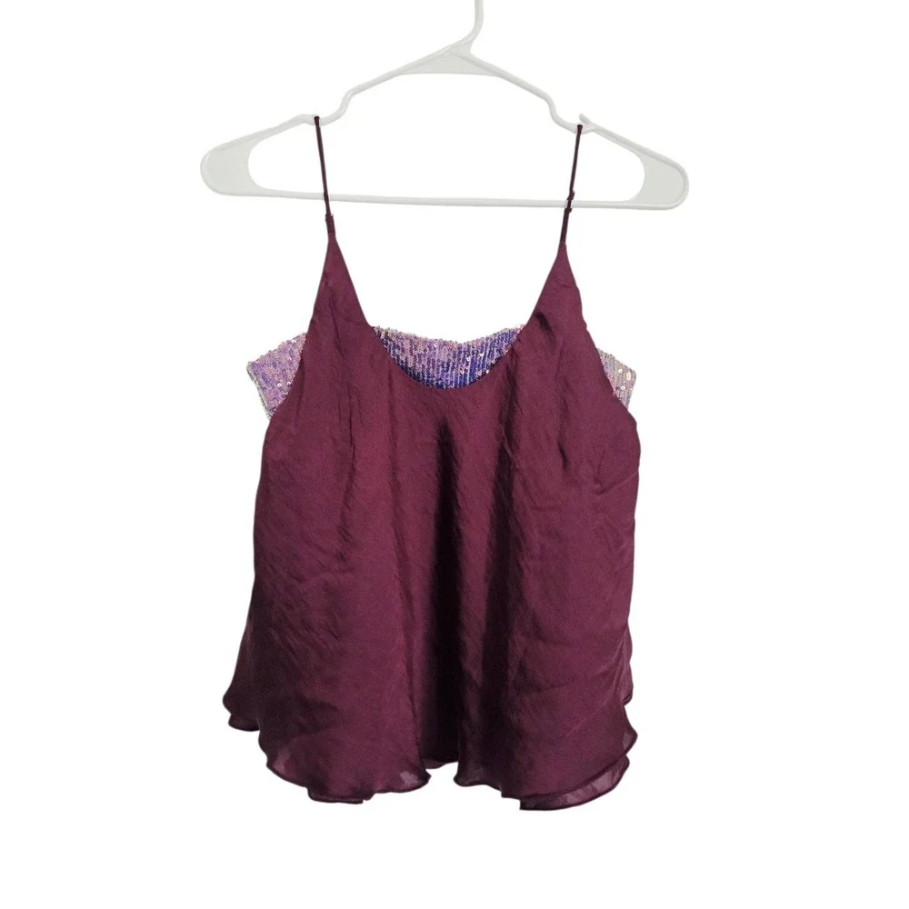 Free People Turn It On Cami S Burgundy Sequin Embellished Inset Layered Club NEW